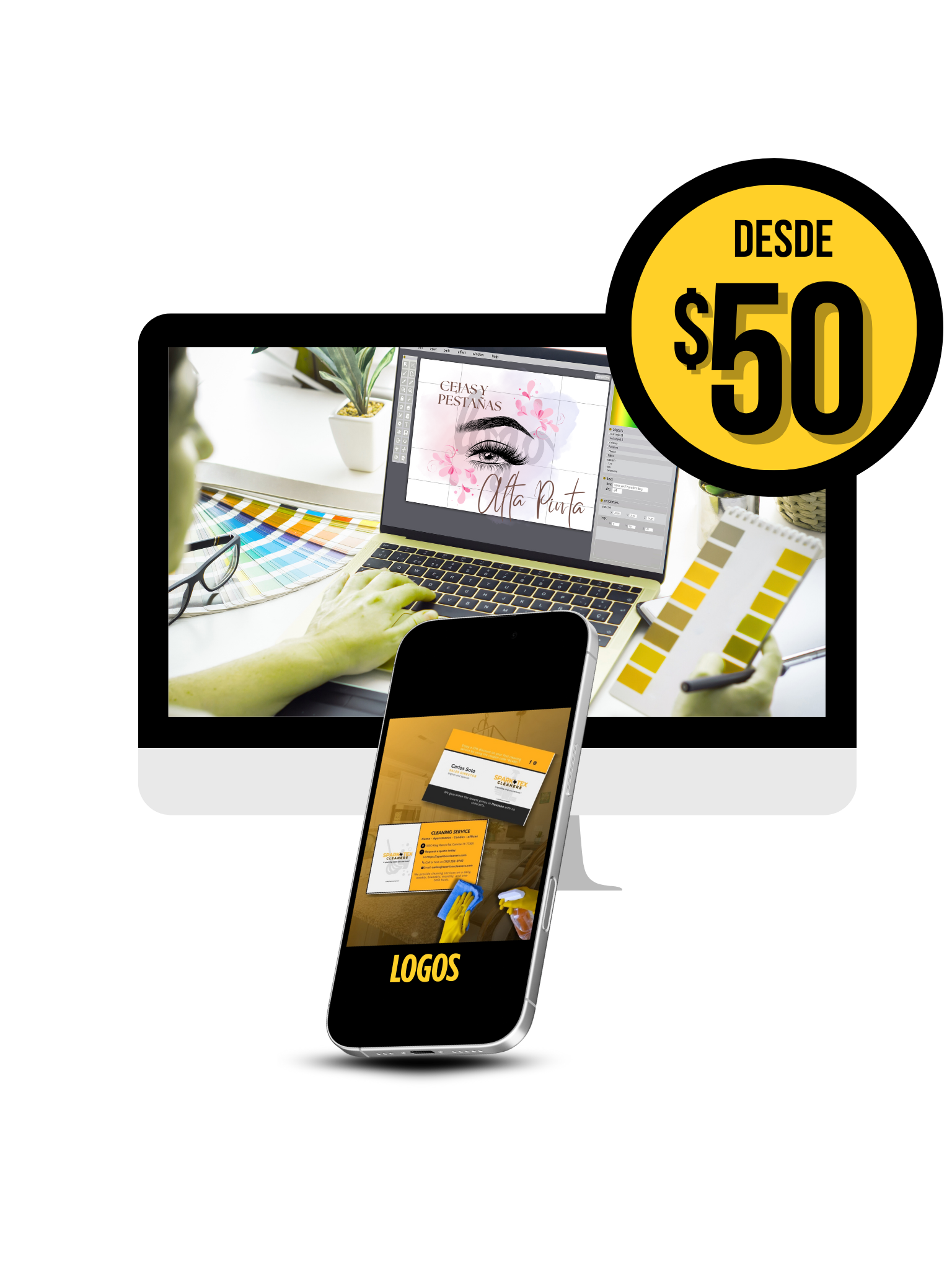 mujeres emprendedoras (4) Diseño gráfico desde $50, computadora y móvil con logos.