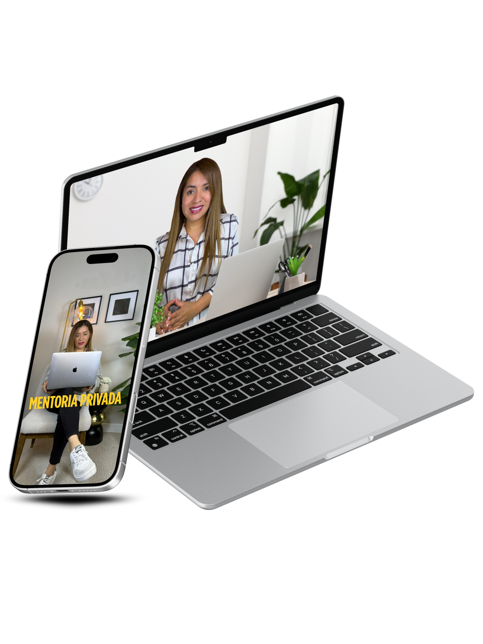mujeres emprendedoras Videollamada de mentoría profesional en laptop y móvil.